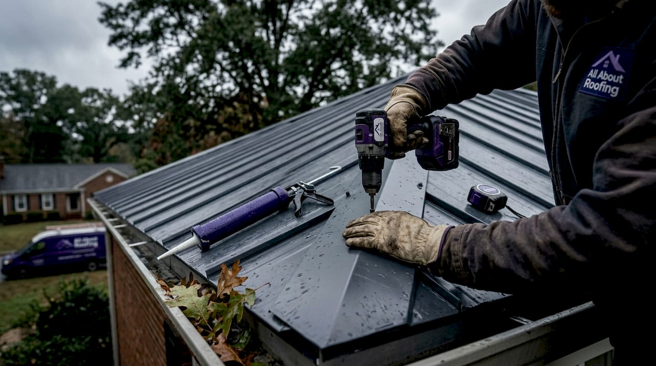 Closeup of metal roof install in NC