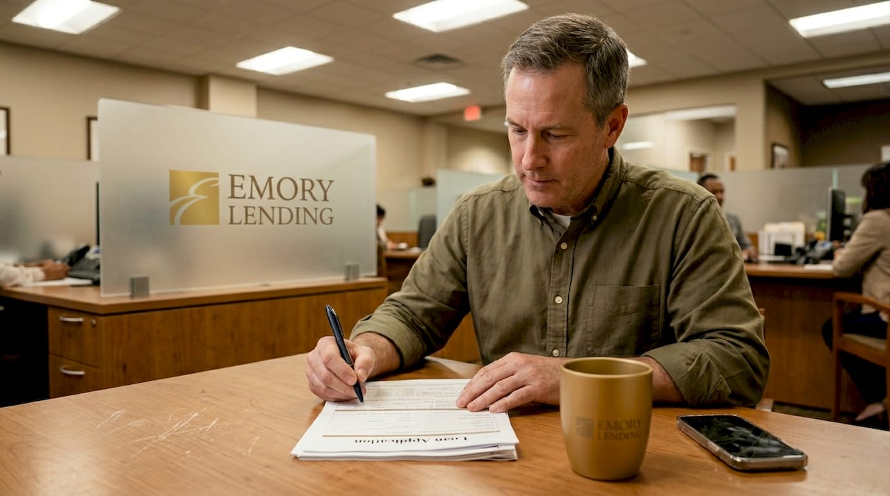 Man filling out loan application at community bank