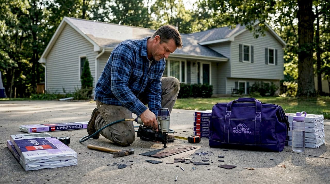 Roofing tools and contractor at driveway worksite