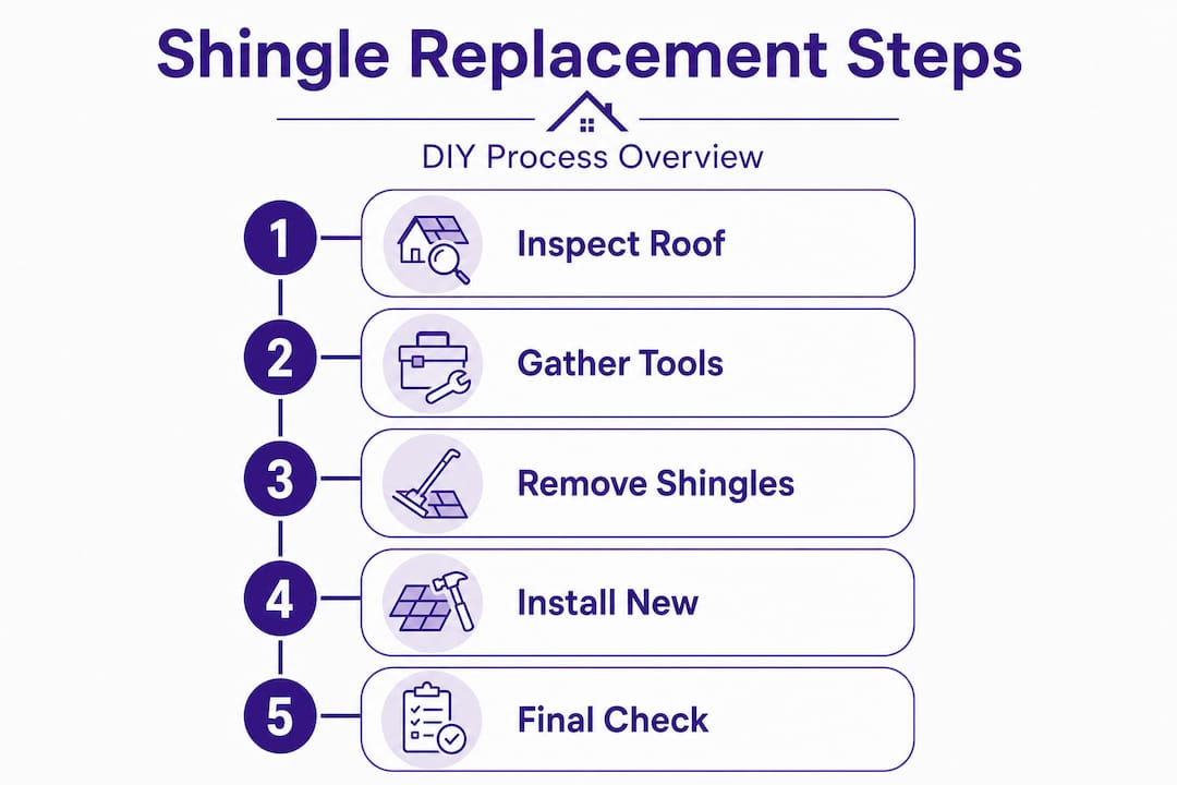 Infographic detailing steps for shingle replacement