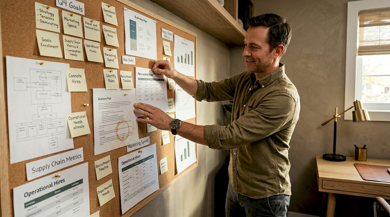 Owner updates living business plan in office
