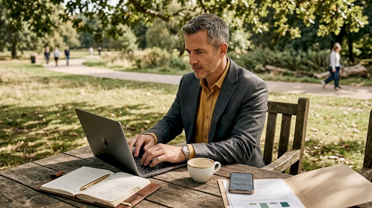 Owner working on loan application in café