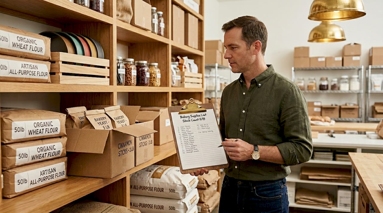 Store manager checking bakery inventory