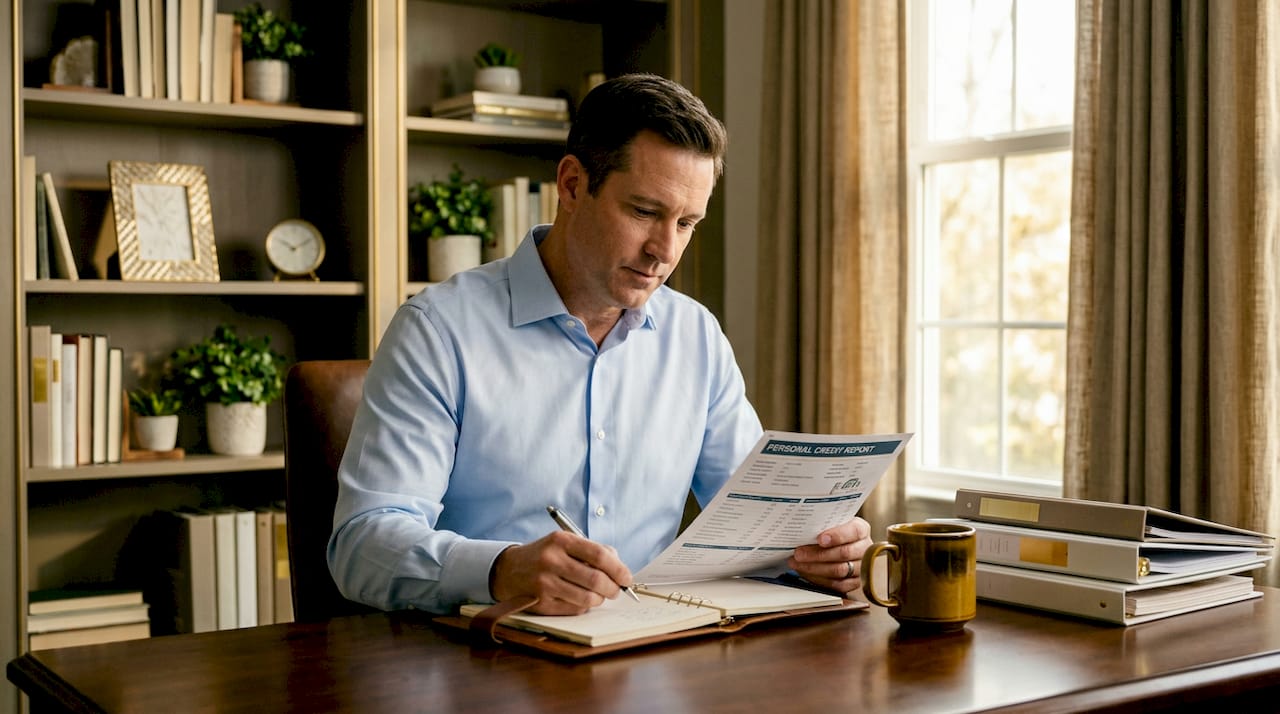 Accountant reviewing credit report in home office