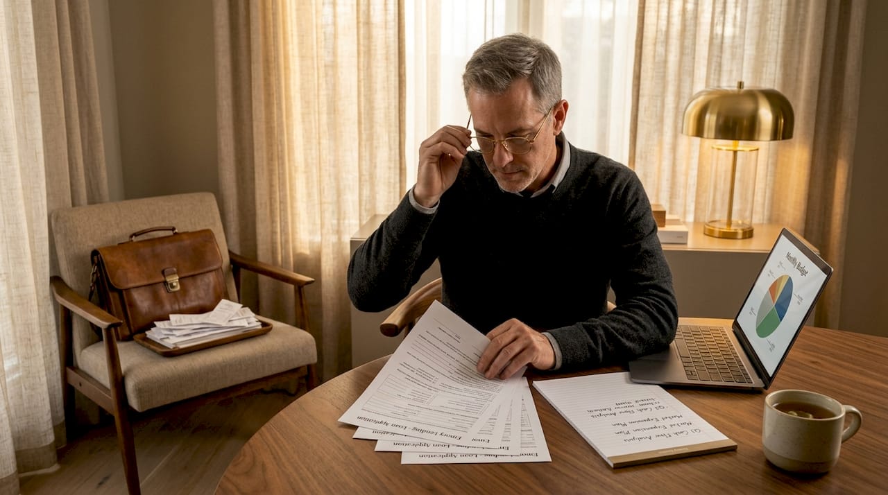 Man completing microloan application at apartment table
