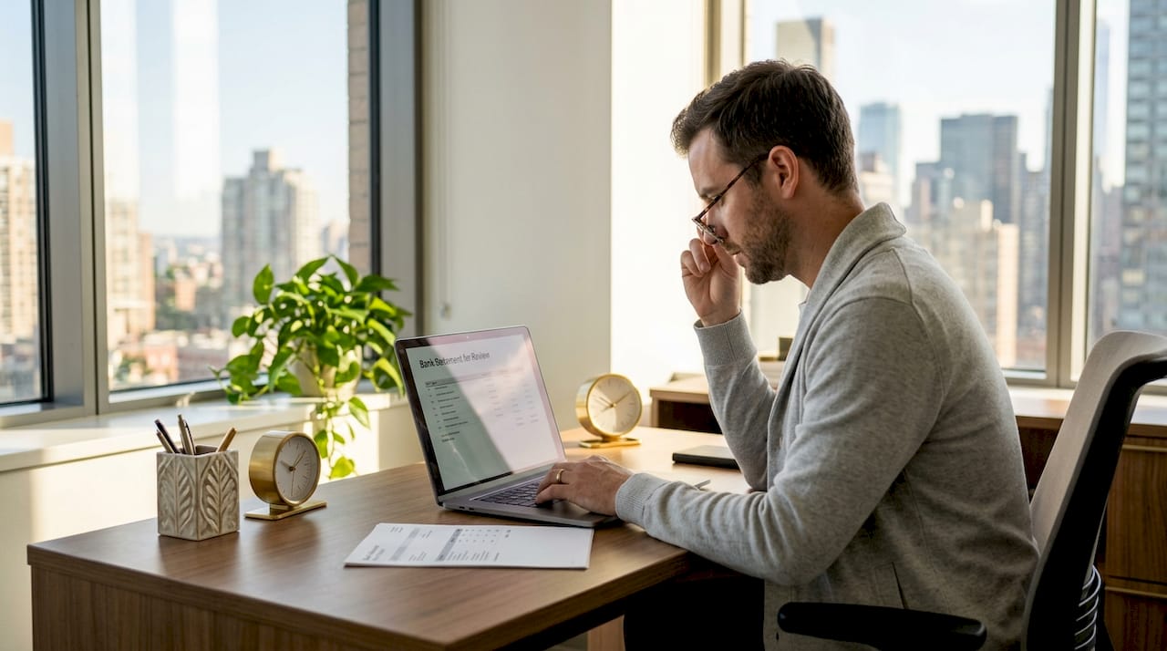 Manager reviews bank statements for loan application