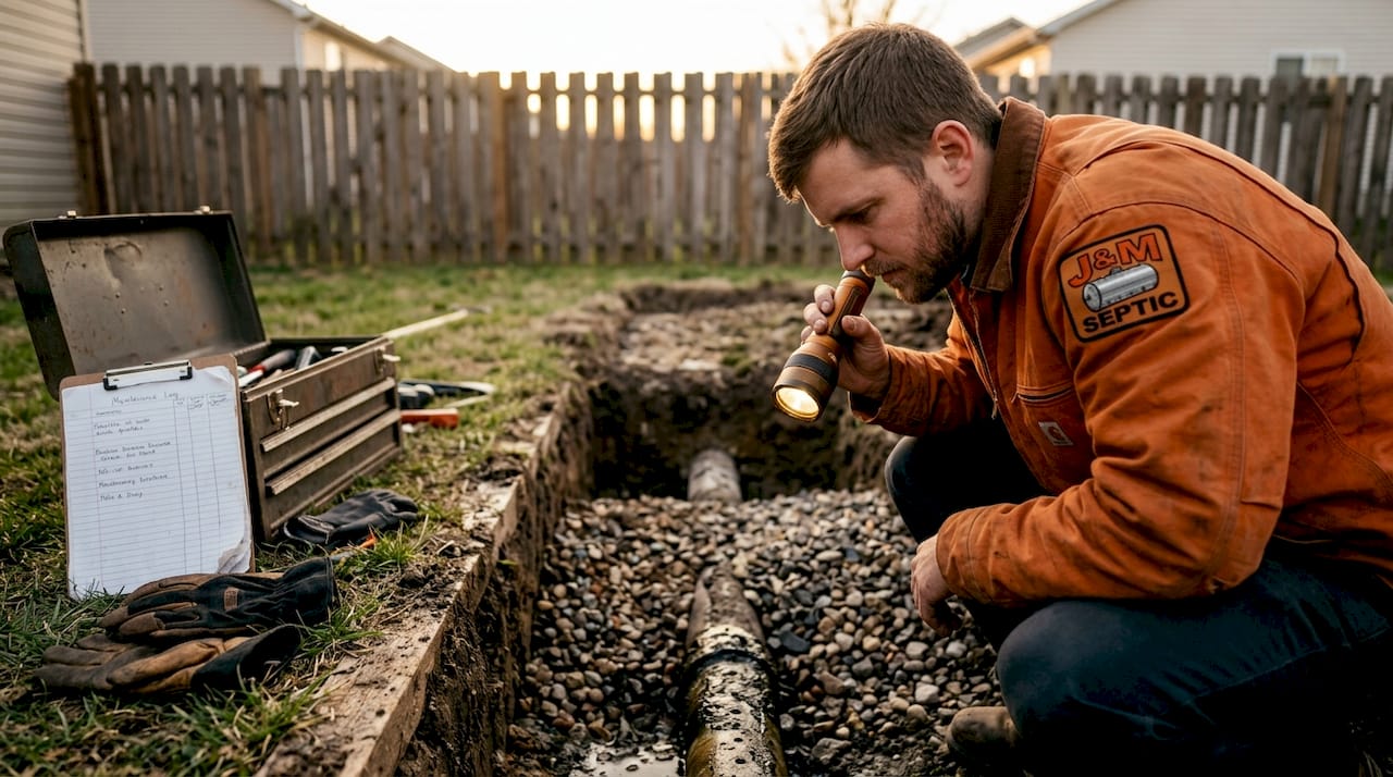 Technician inspecting drain field gravel buildup