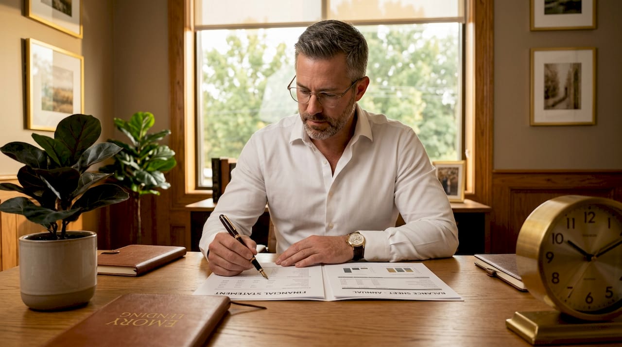 Loan officer reviewing organized loan documents