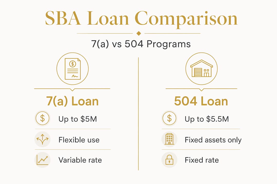 Infographic comparing SBA 7(a) and 504 loans