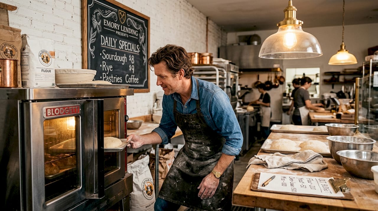 Bakery owner uses new commercial oven bought with loan