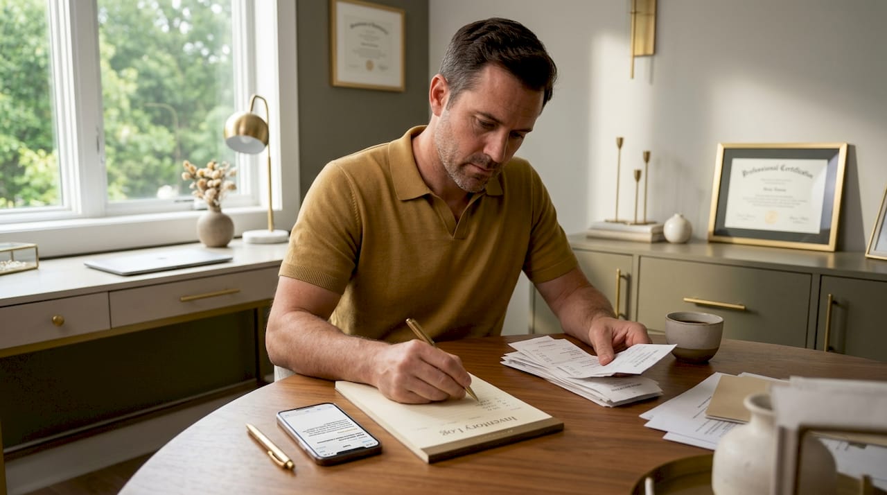Café owner organizing receipts after loan approval