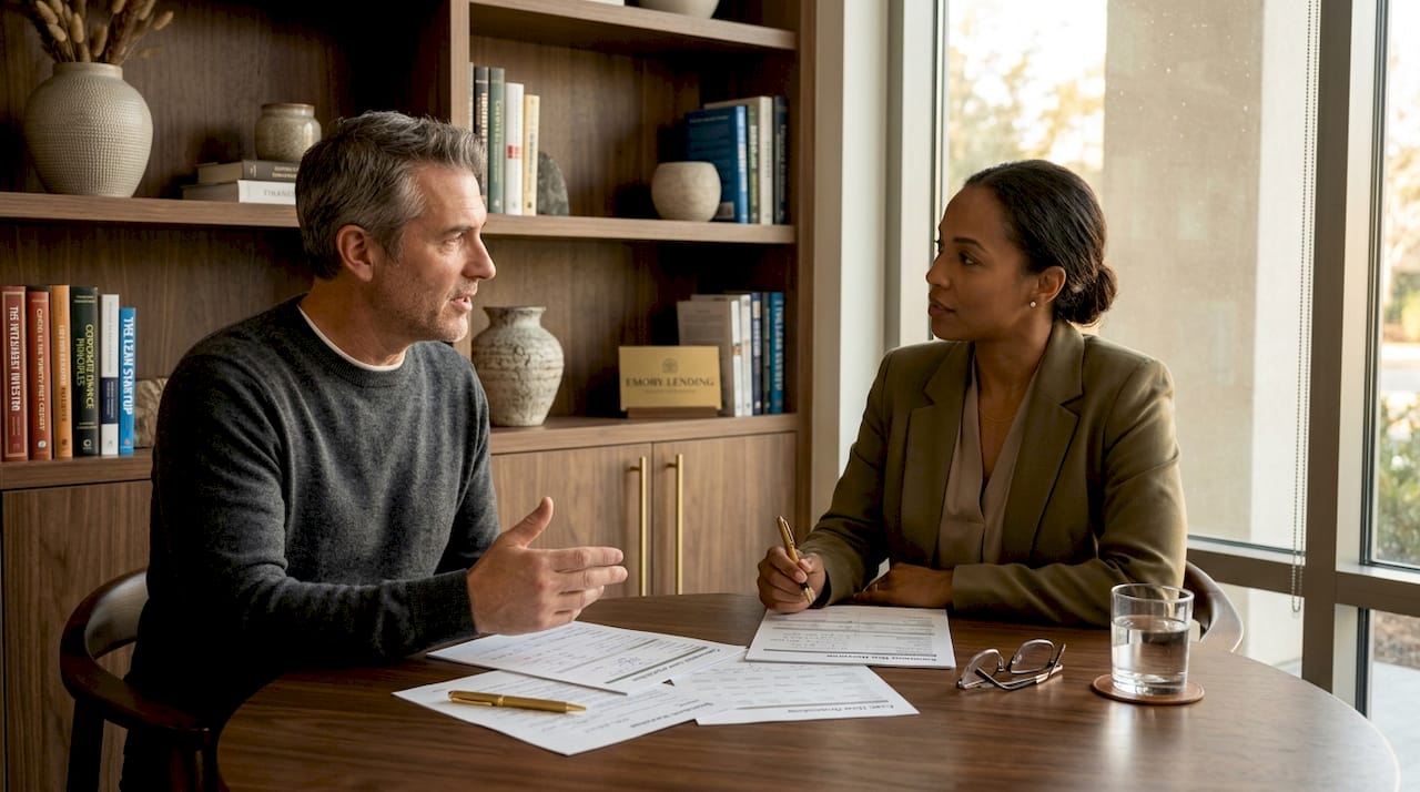Banker and small business owner discuss loan paperwork