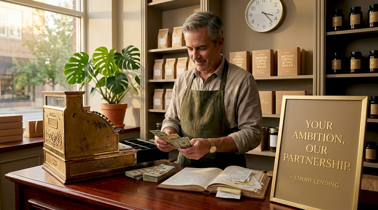 Shopkeeper counting bills at storefront counter