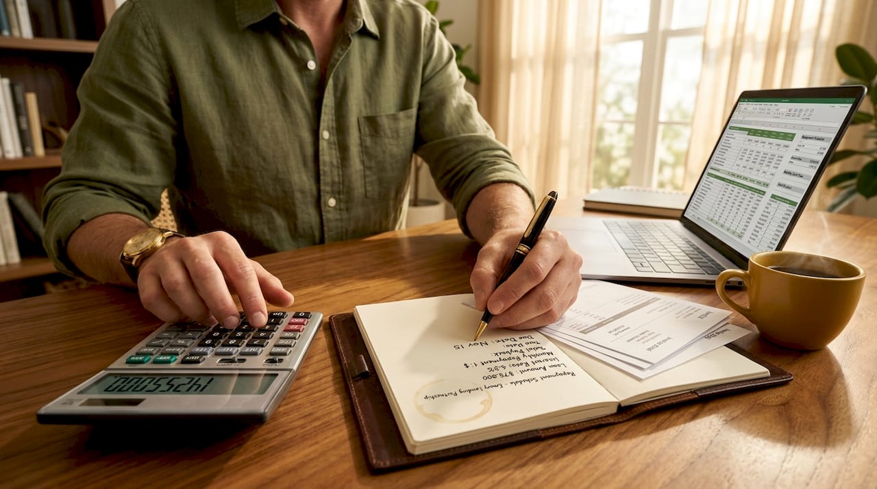 Hands calculating working capital advance repayment