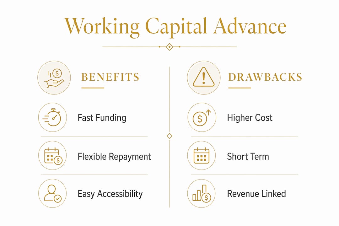 Infographic comparing benefits and drawbacks of working capital advances