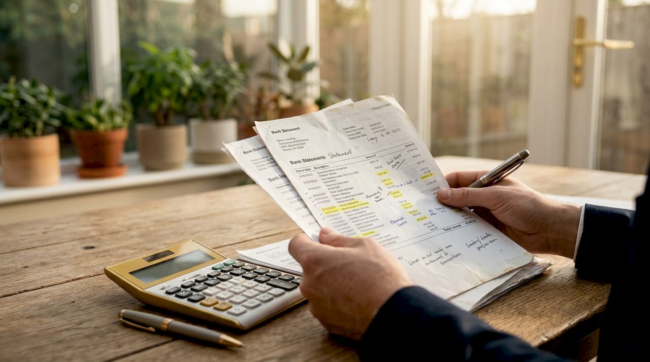 Hands reviewing bank statements and calculator