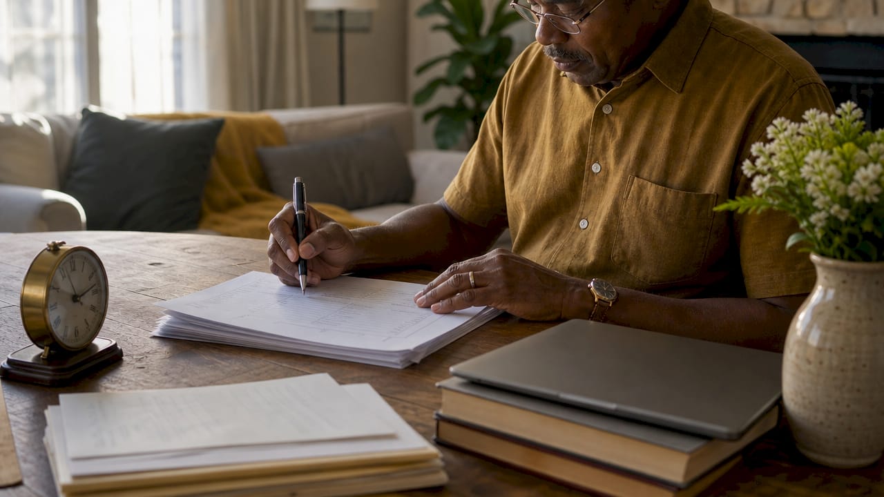 Hands filling invoice form in home office