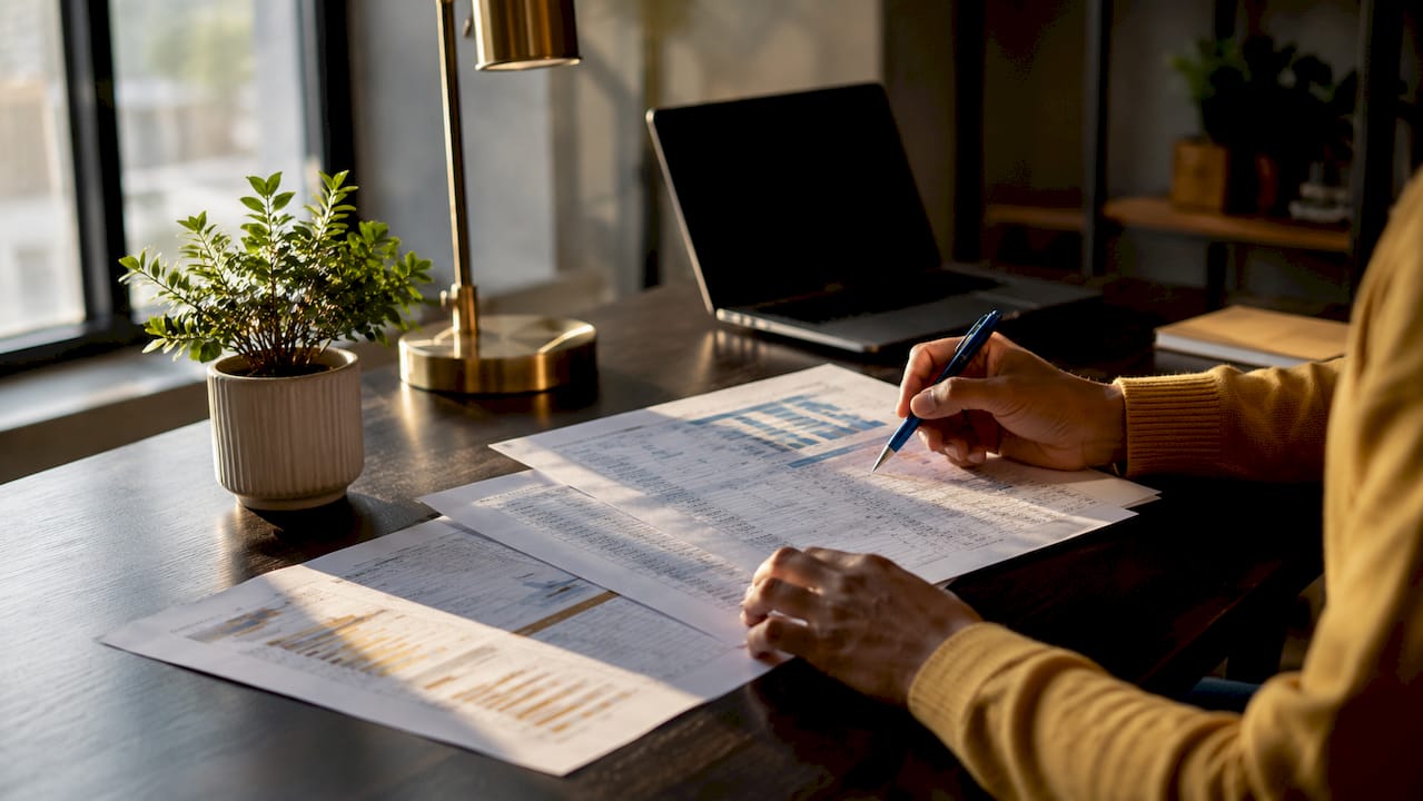 Hands highlighting financial documents