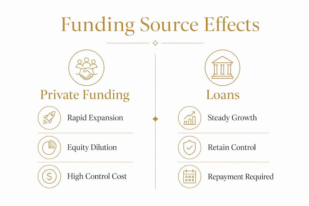 Infographic comparing private funding vs loans impact on growth