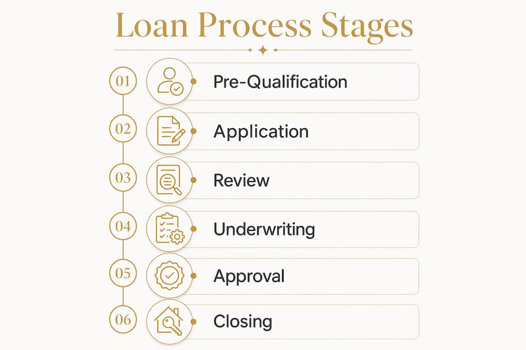 Infographic illustrating six stages of business loan application