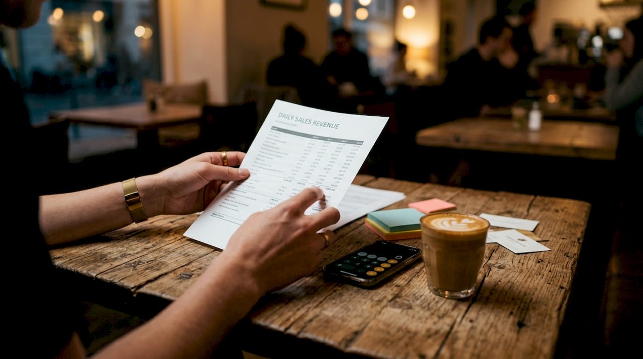 Hands calculating revenue-based financing numbers