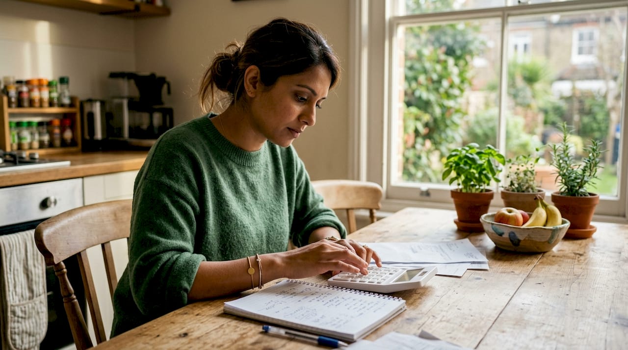 Close-up of hands calculating cash flow at home desk