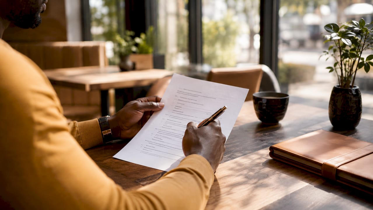 Hands holding eligibility criteria document with pen