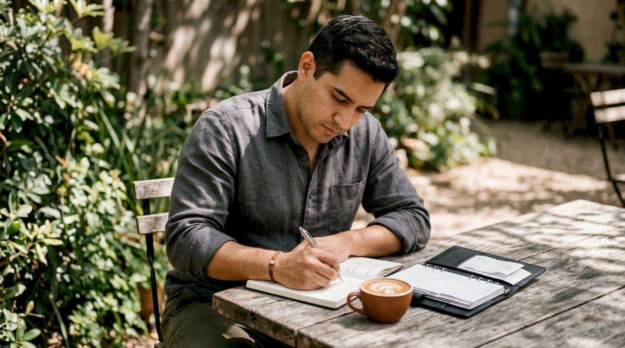 Entrepreneur writing business loan notes in café