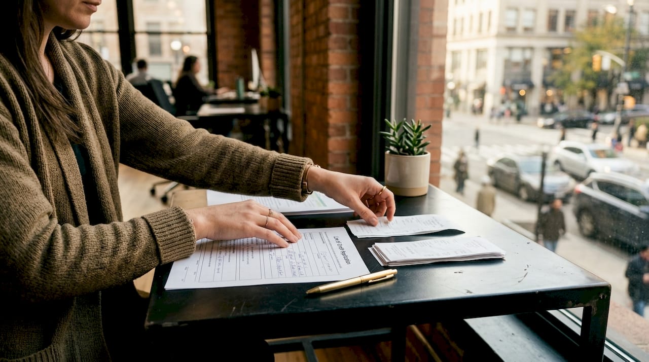 Overhead close-up of retailer organizing loan paperwork