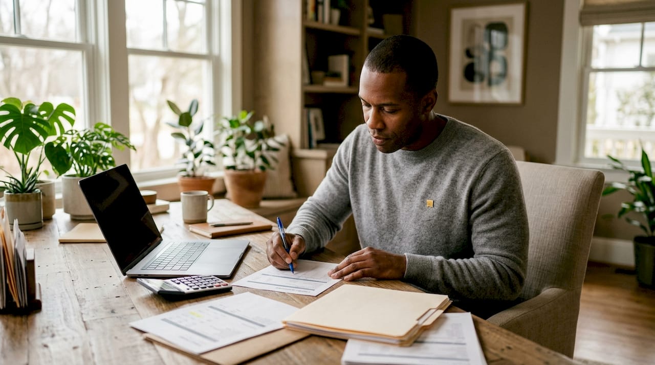 Hands taking notes on credit score documents