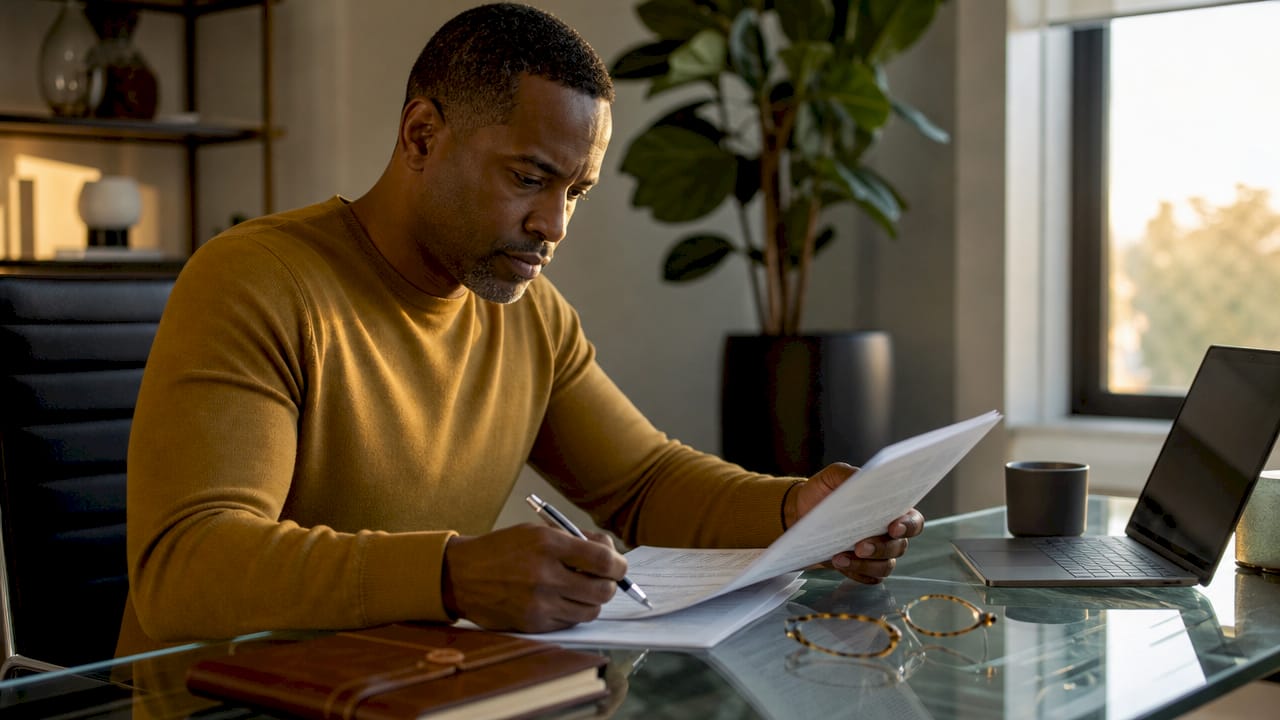 Close-up of hands reviewing loan documents in office