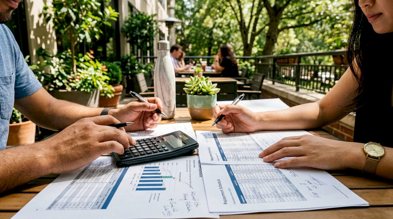 Hands calculating business loan repayment