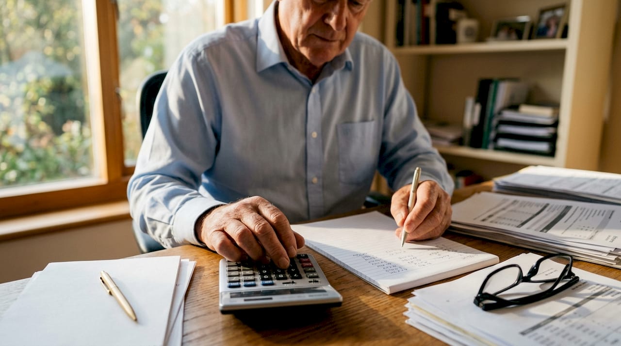 Hands calculating financing gap with calculator and notes