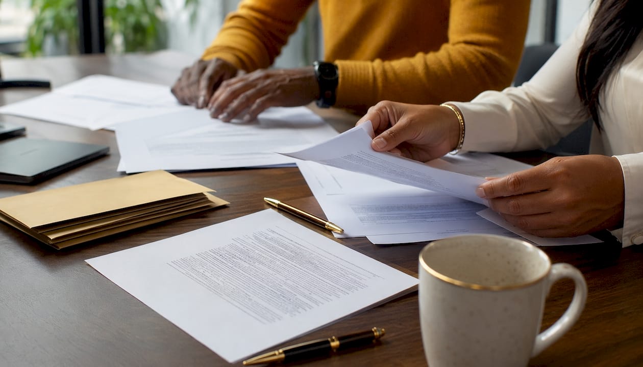 Close-up of hands managing business grant paperwork