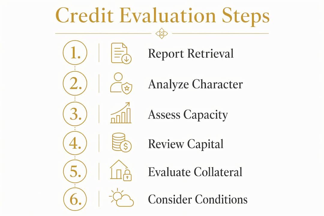 Infographic showing numbered business credit evaluation steps