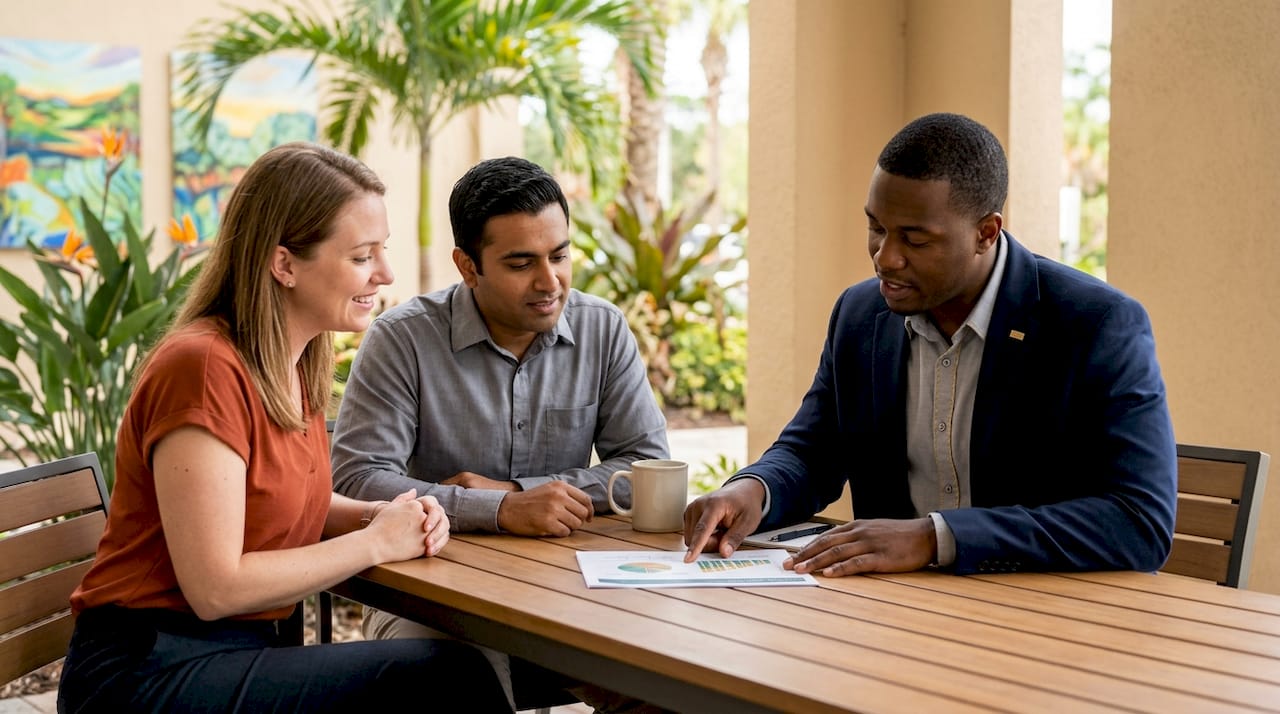 Business clients consulting lender at credit union