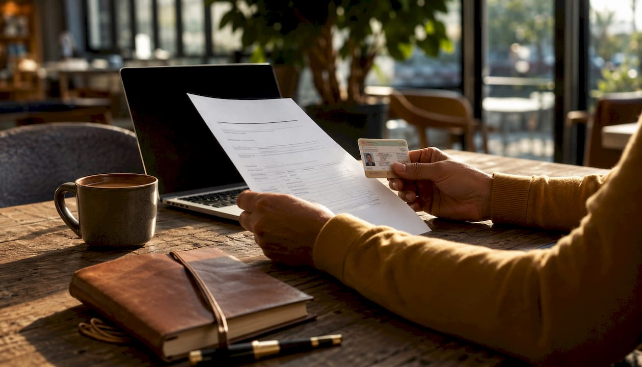 Hands holding ID and lender certificate documents