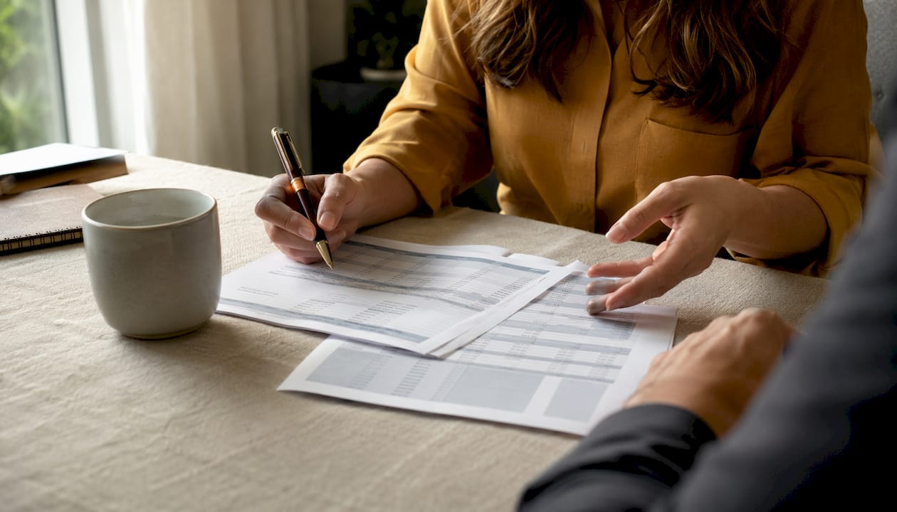 Hands comparing profit and cash flow documents