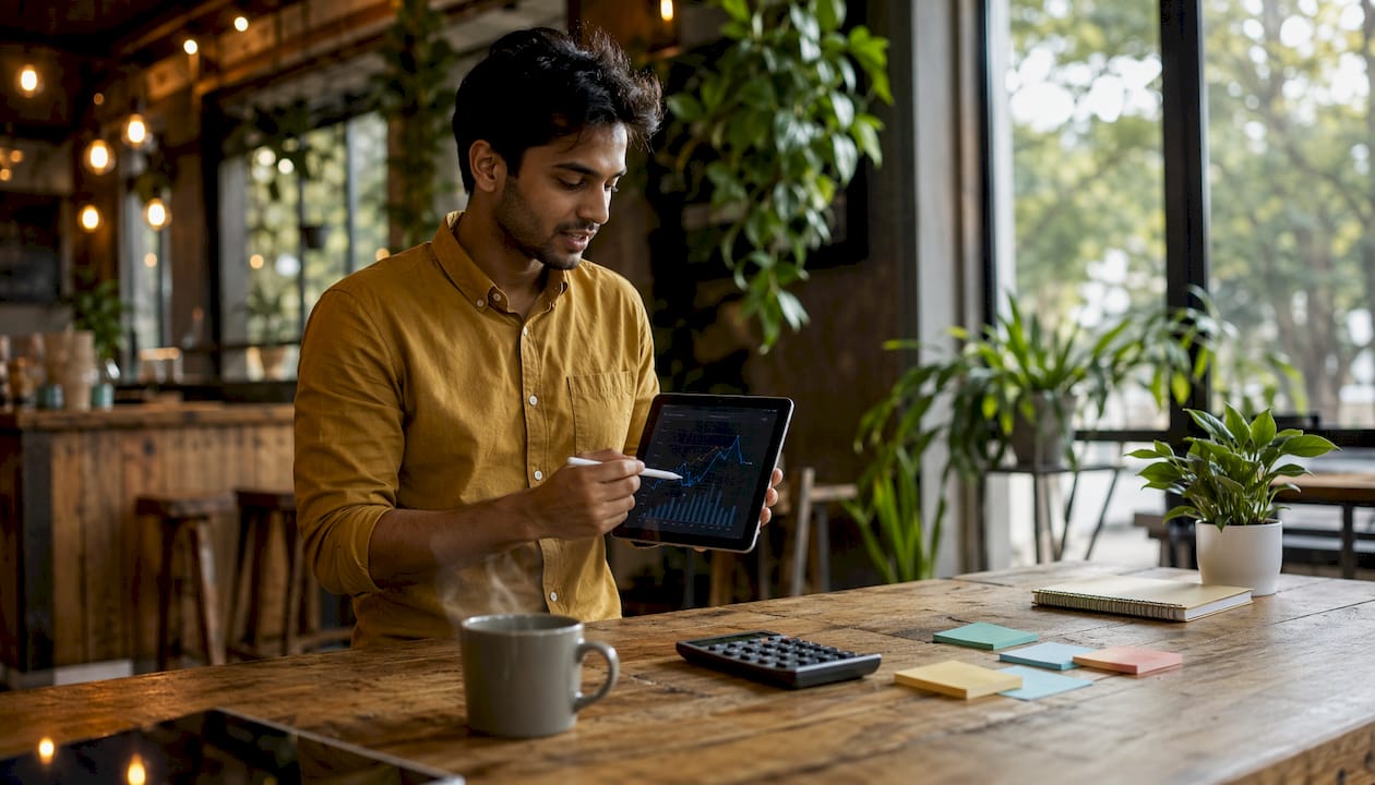 Man explaining cash flow forecast in office