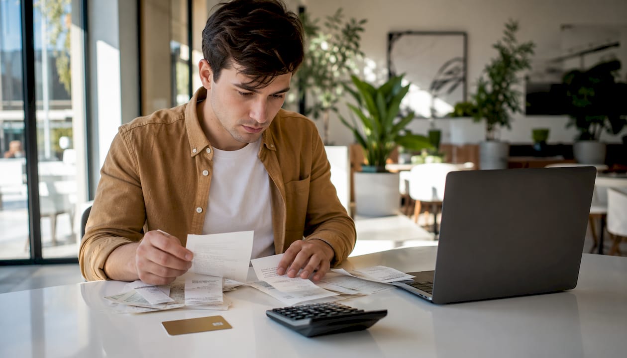 Hands sorting business expenses and credit card