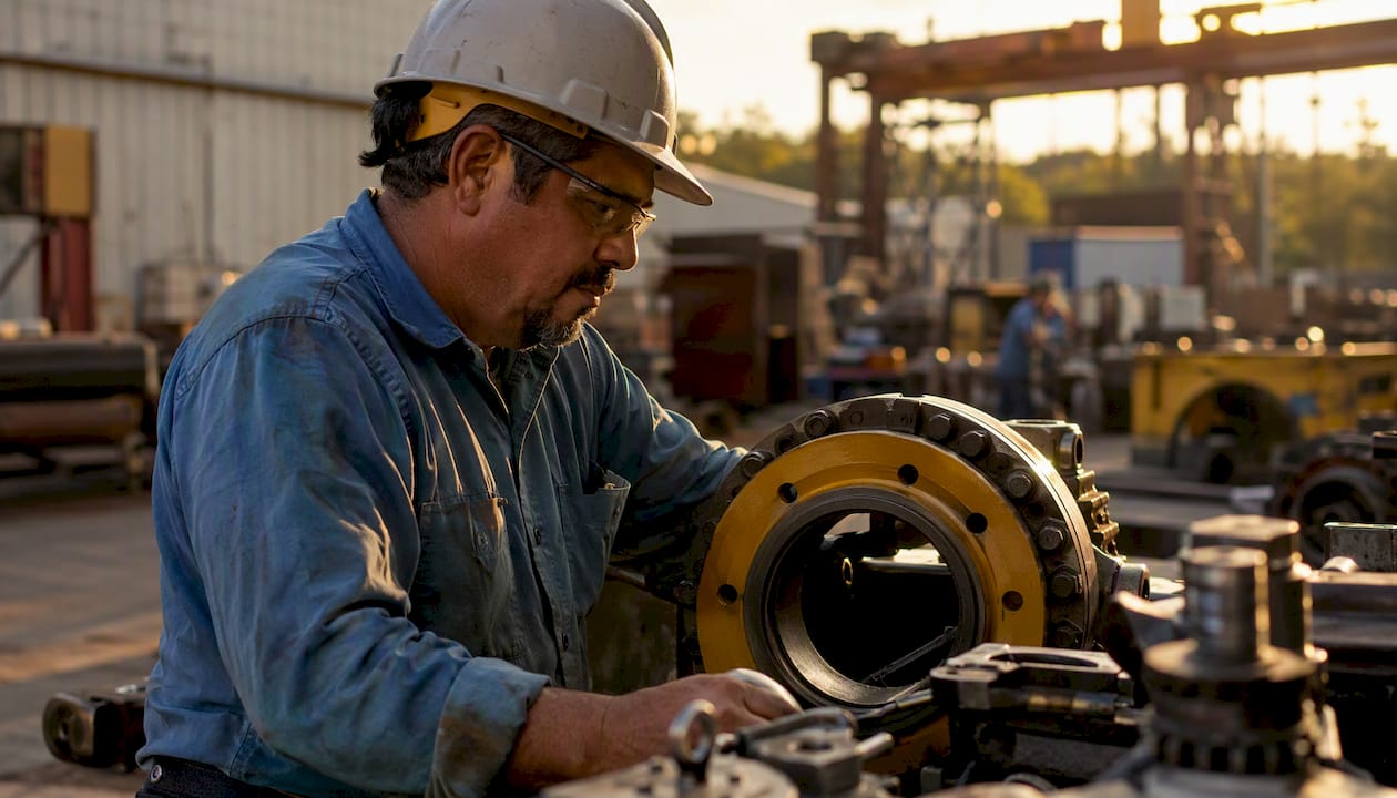 Manufacturing worker inspecting equipment in workshop