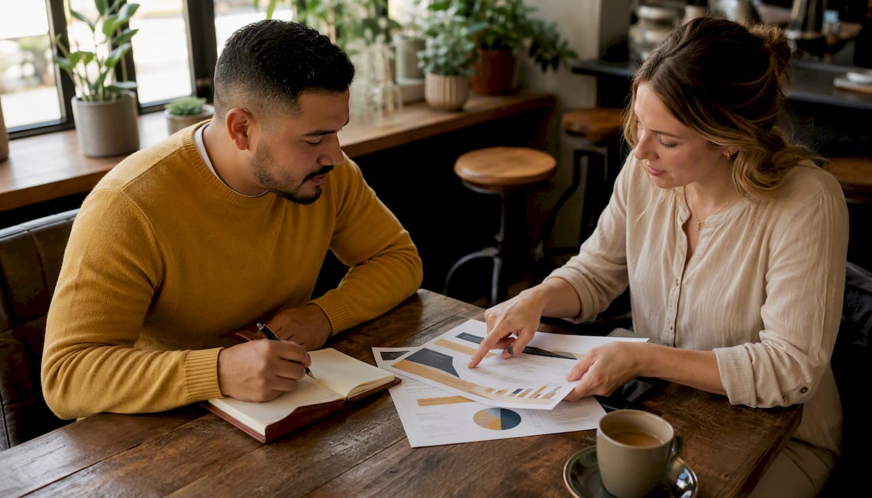 Business professionals discussing funding portal materials