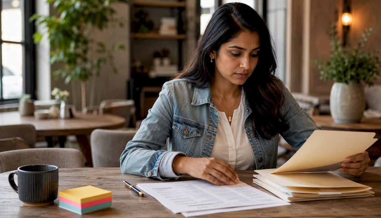 Hands sorting small business tax documents