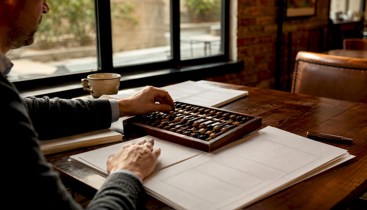 Hand adjusting abacus near cash flow charts