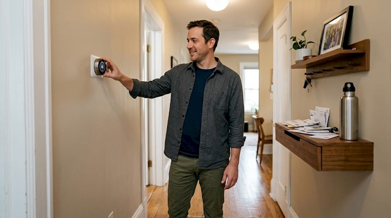 Adjusting smart thermostat in home hallway