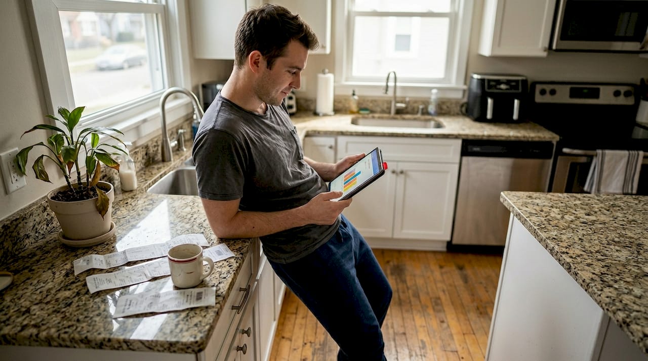 Man looking at budget chart in kitchen