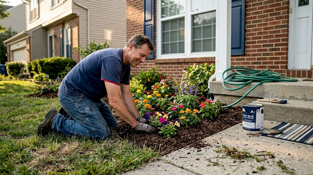 Man upgrading curb appeal with plants and paint
