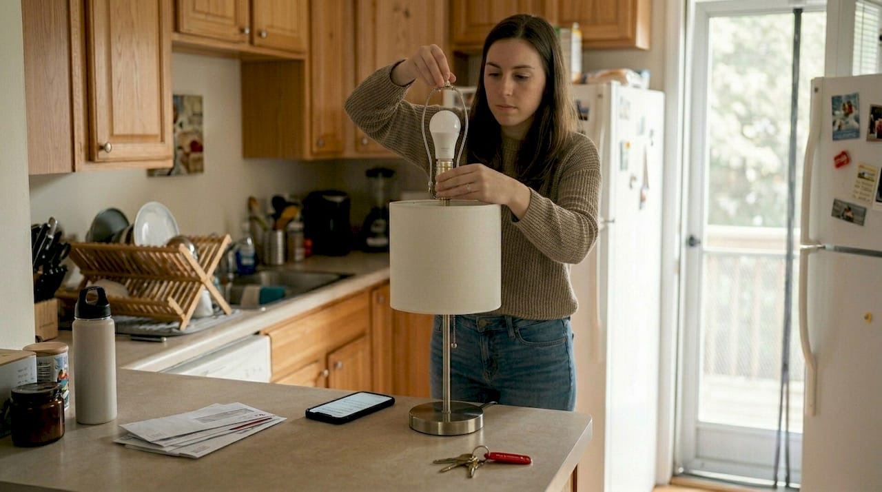 Woman installing smart bulb in kitchen for home improvement tech ideas