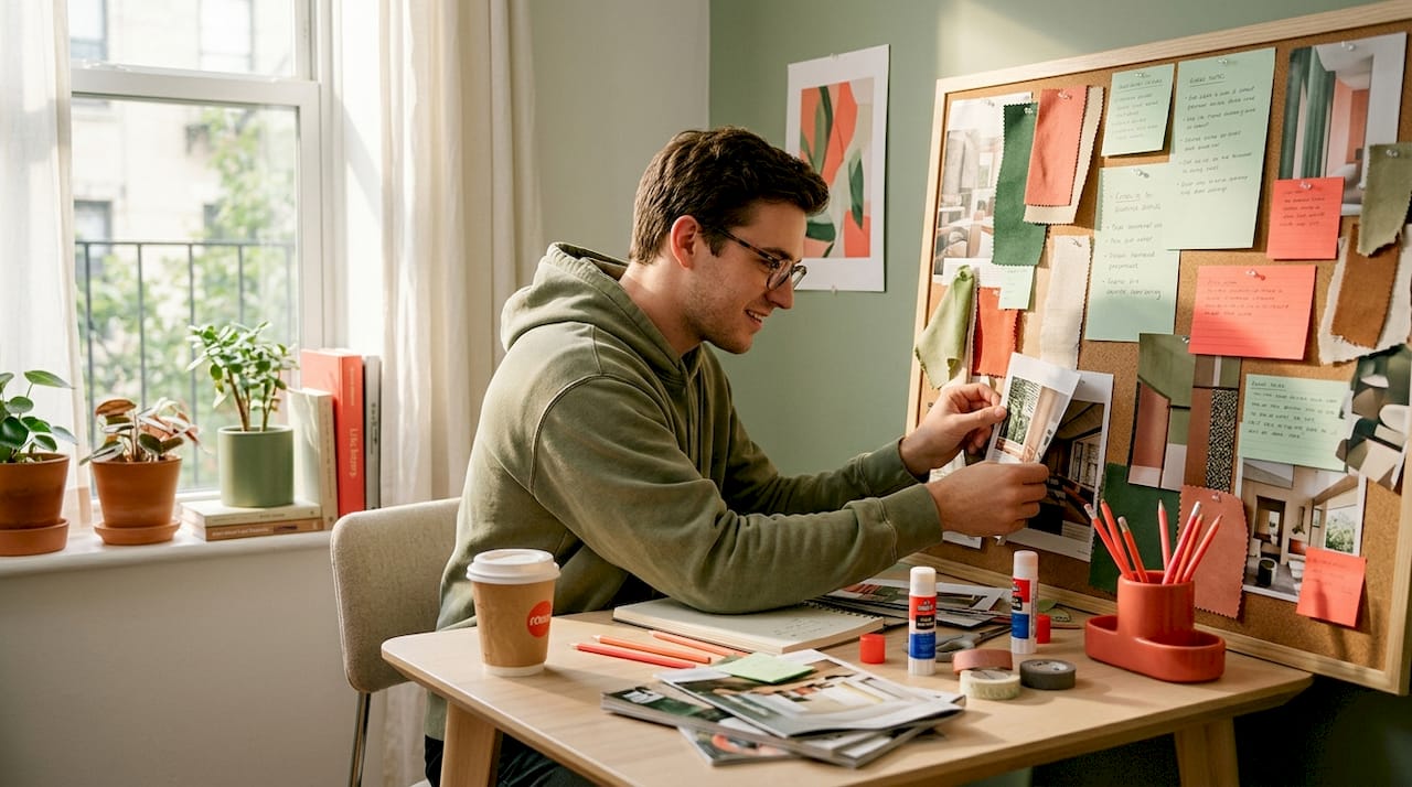 Man assembling DIY mood board on desk
