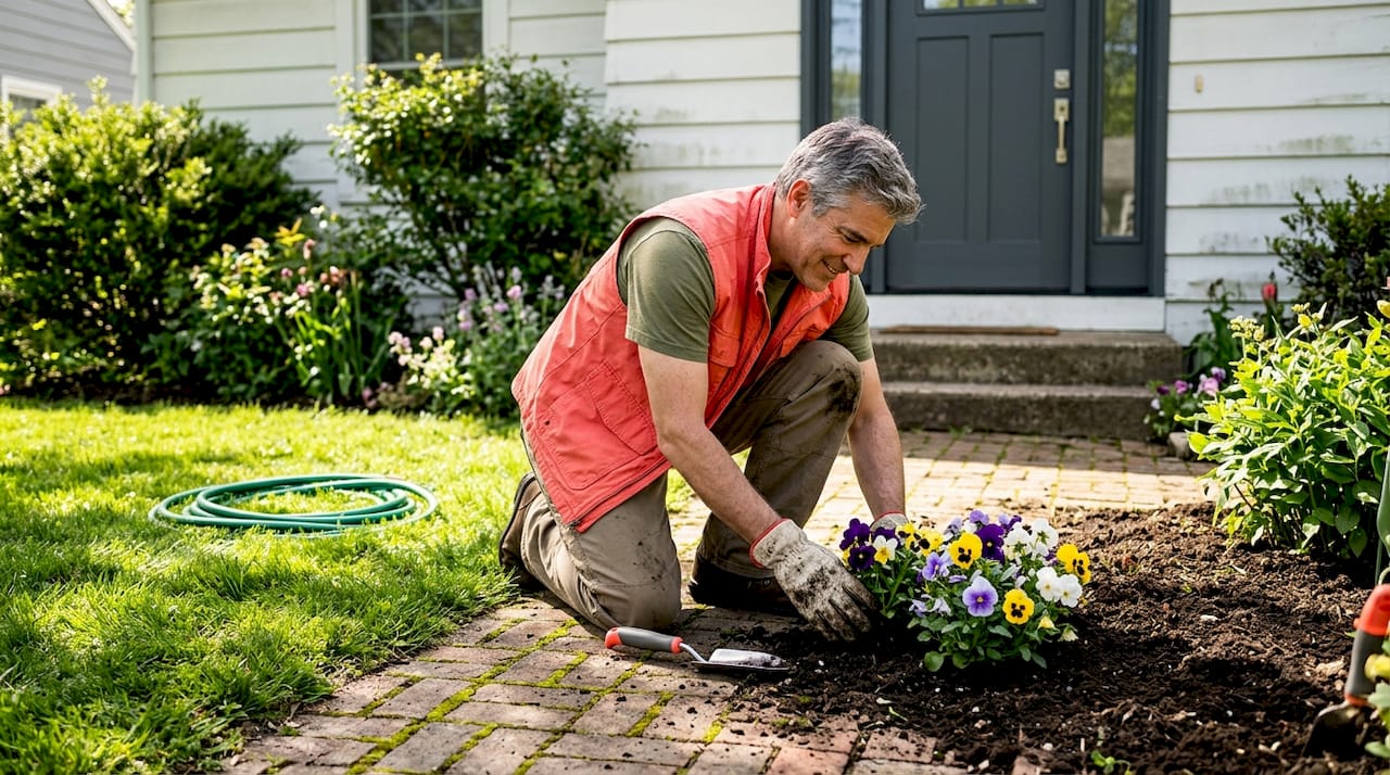 Homeowner planting flowers for curb appeal
